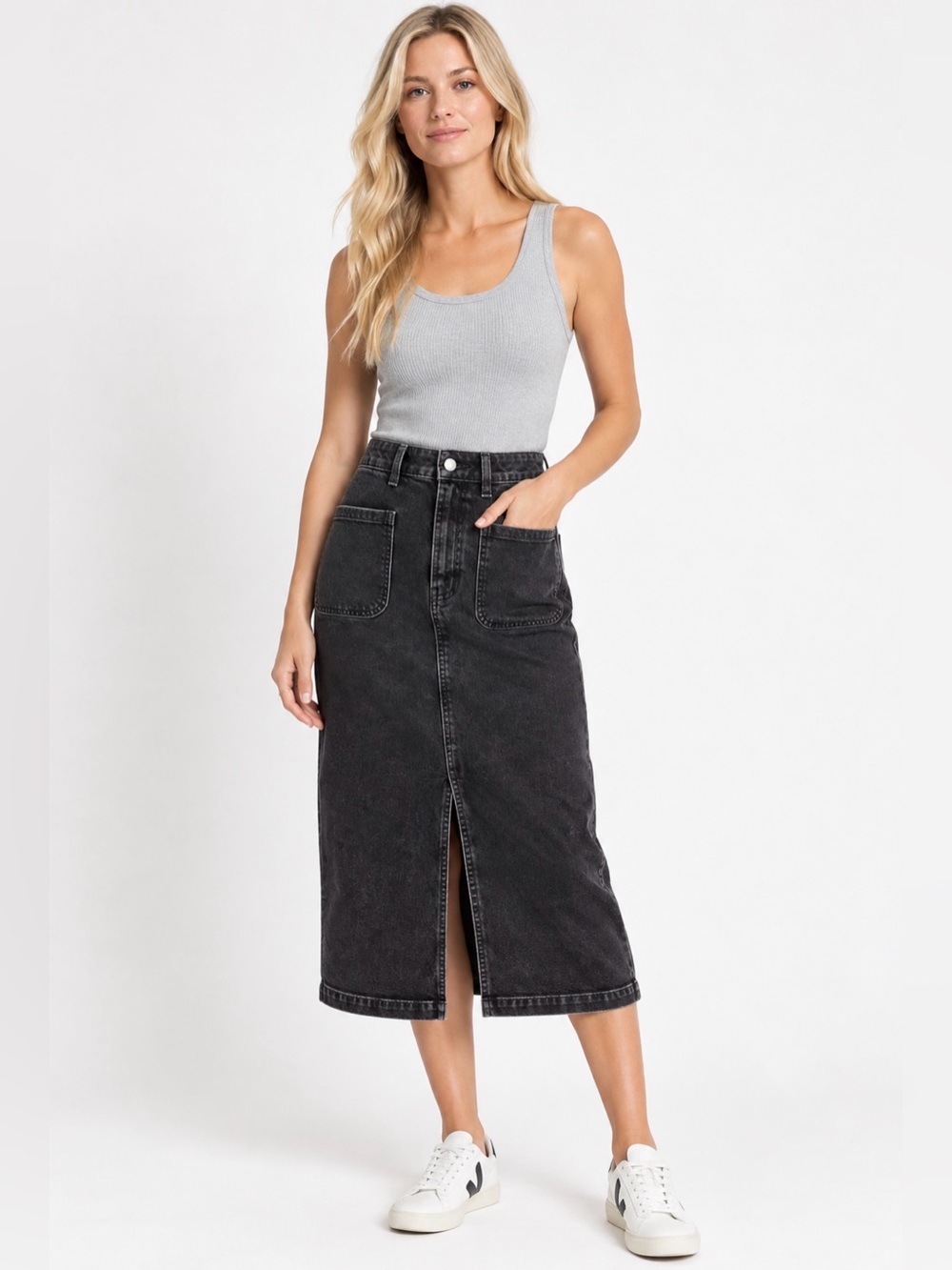 GAP Charcoal Black Midi Denim Skirt with Front Patch Pockets 10